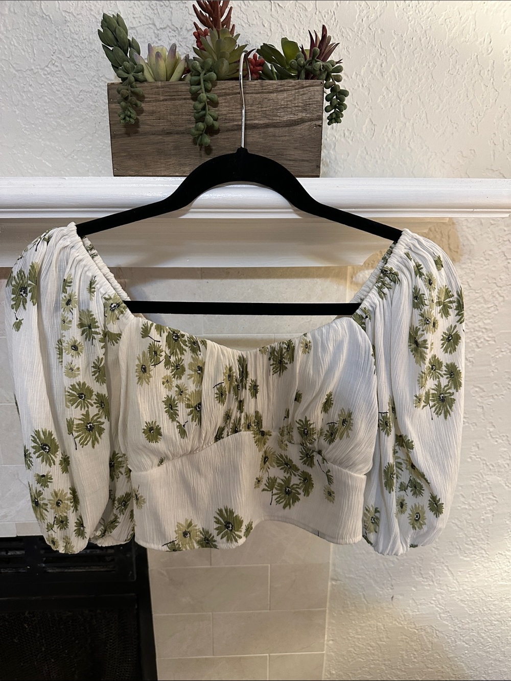 Abercrombie & Fitch White Crop Top with Olive Floral Print